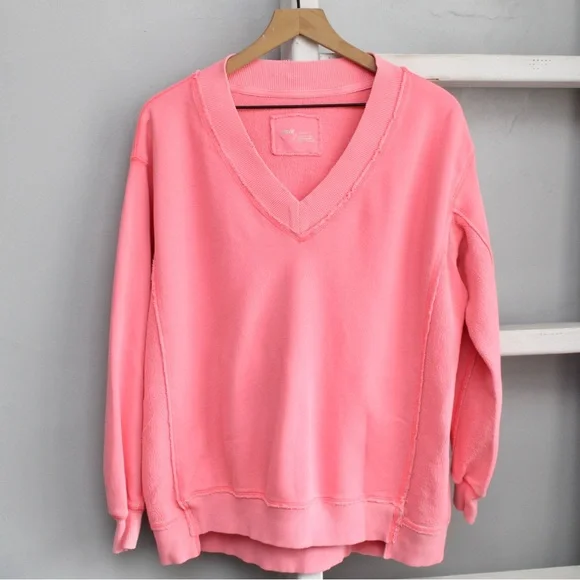 Aerie Tropadel Pink Vacay Every Day V-Neck Pullover Oversized Sweatshirt sz XXS - Picture 2 of 9